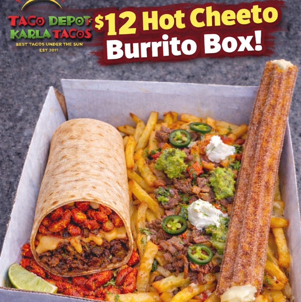 $12 Hot Cheeto burrito box- 1 Shorty Hot Cheeto Burrito, 1 steak fry, y un churro.