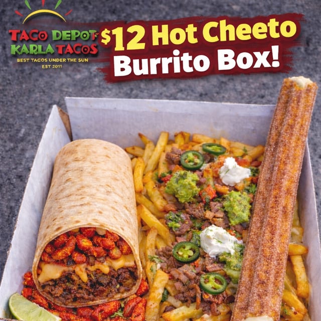 $12 Hot Cheeto burrito box- 1 shorty hot cheeto burrito, Steak Fries, 1 Churro.