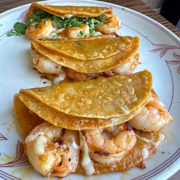 Three shrimp tacos with melted cheese and cilantro on a white plate at Taco Depot.